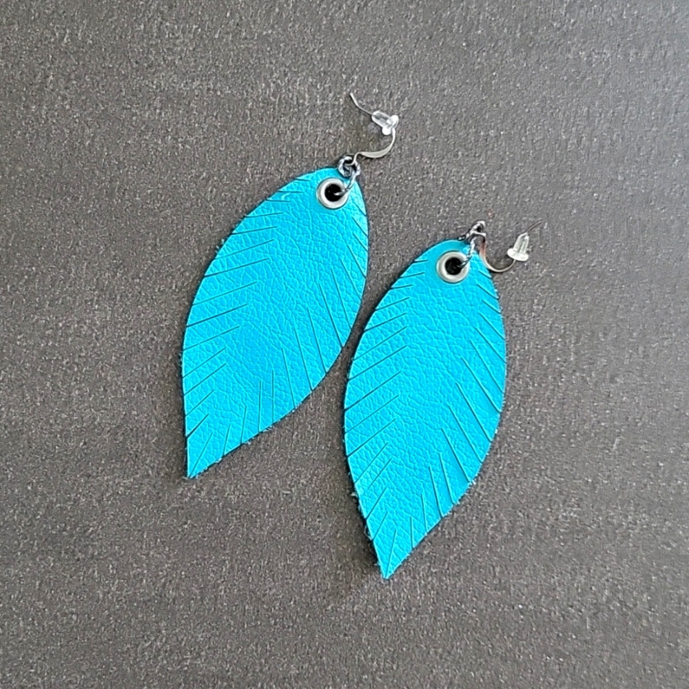 Handmade teal cut leather feather earrings with gunmetal hooks, 3 inches